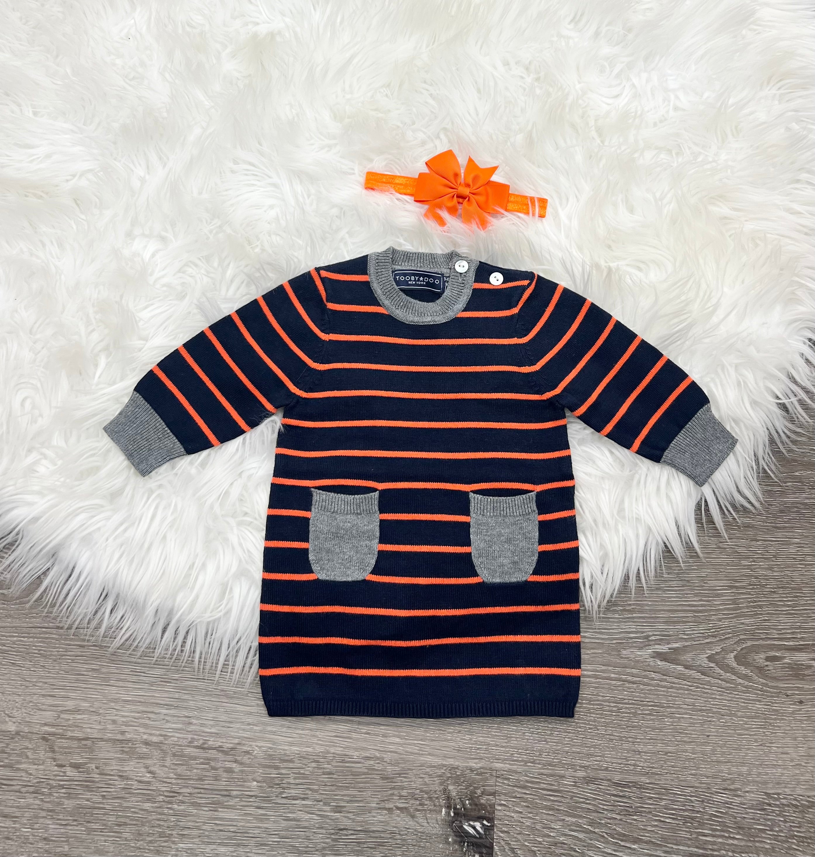 open lace back dress Toobydoo Blue and Orange Striped Sweater Dress B20203