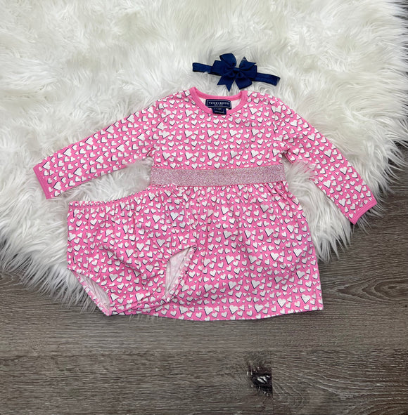 Toobydoo Pink With White Hearts Dress And Bloomer Set