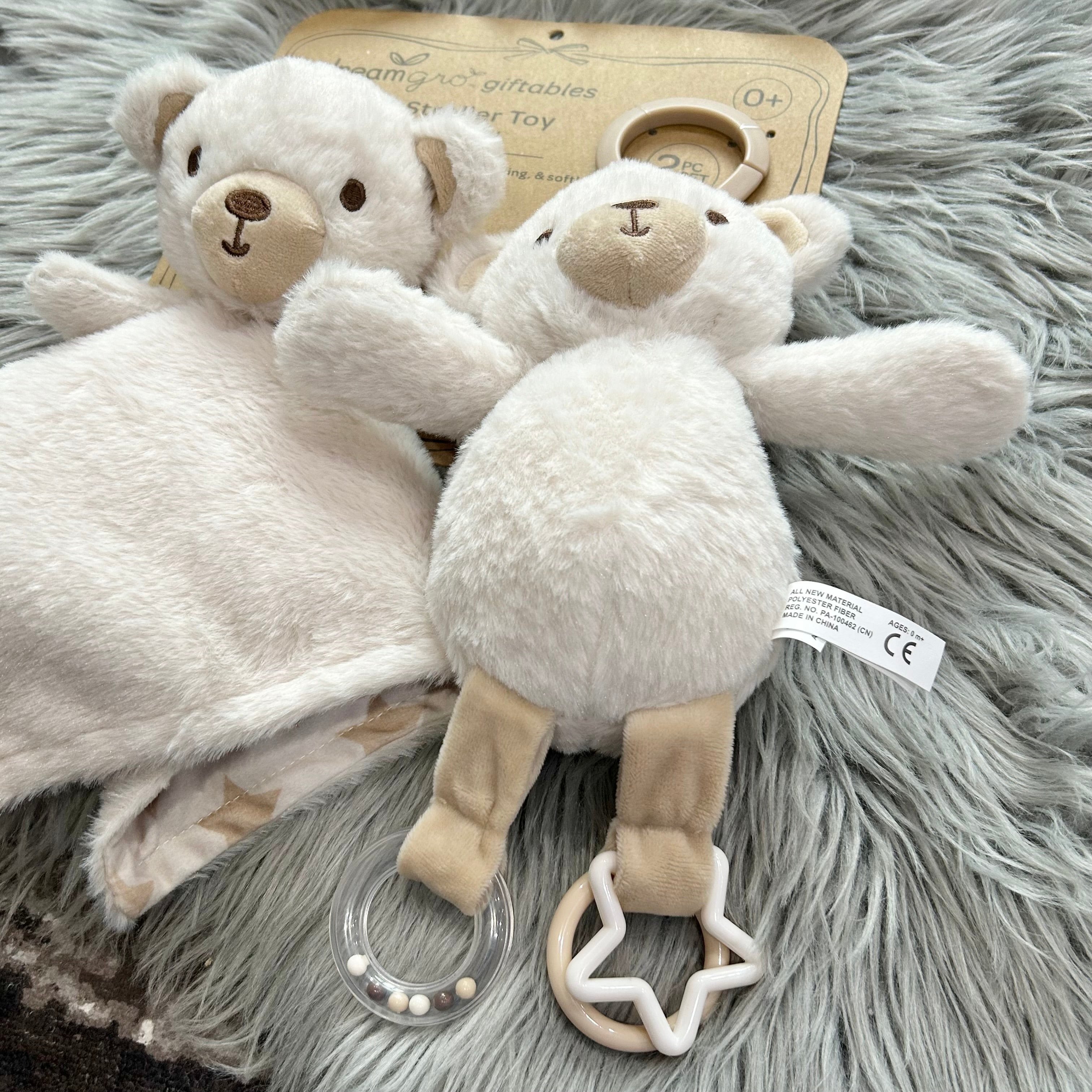 Dream Gro Giftables Teddy Bear Plush On-The-Go Activity Stroller Toy and Blankie Buddy 2pc Set