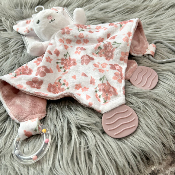 Modern Baby Pink Floral Bunny Activity Lovie Blankie