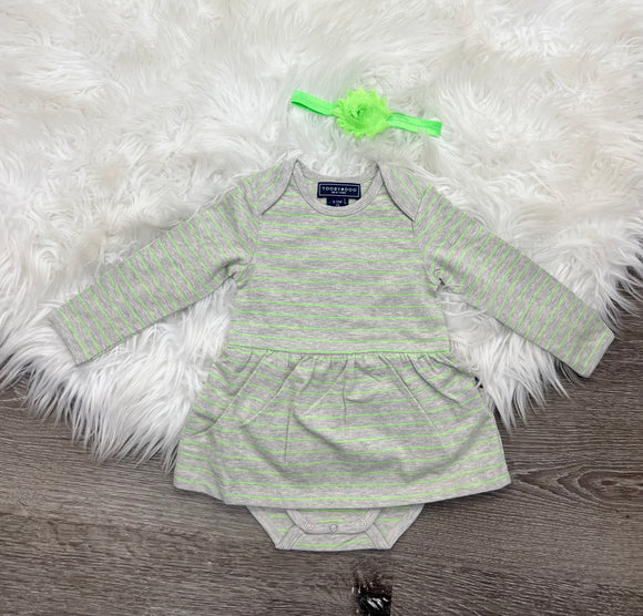 Toobydoo Grey And Green Striped Bodysuit Dress B10315