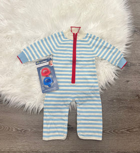 Toobydoo Light Blue & White Striped Cotton Cashmere Sweater Jumpsuit