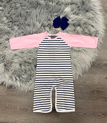 Toobydoo Striped Bootcut Jumpsuit With Pink Sleeves B10276