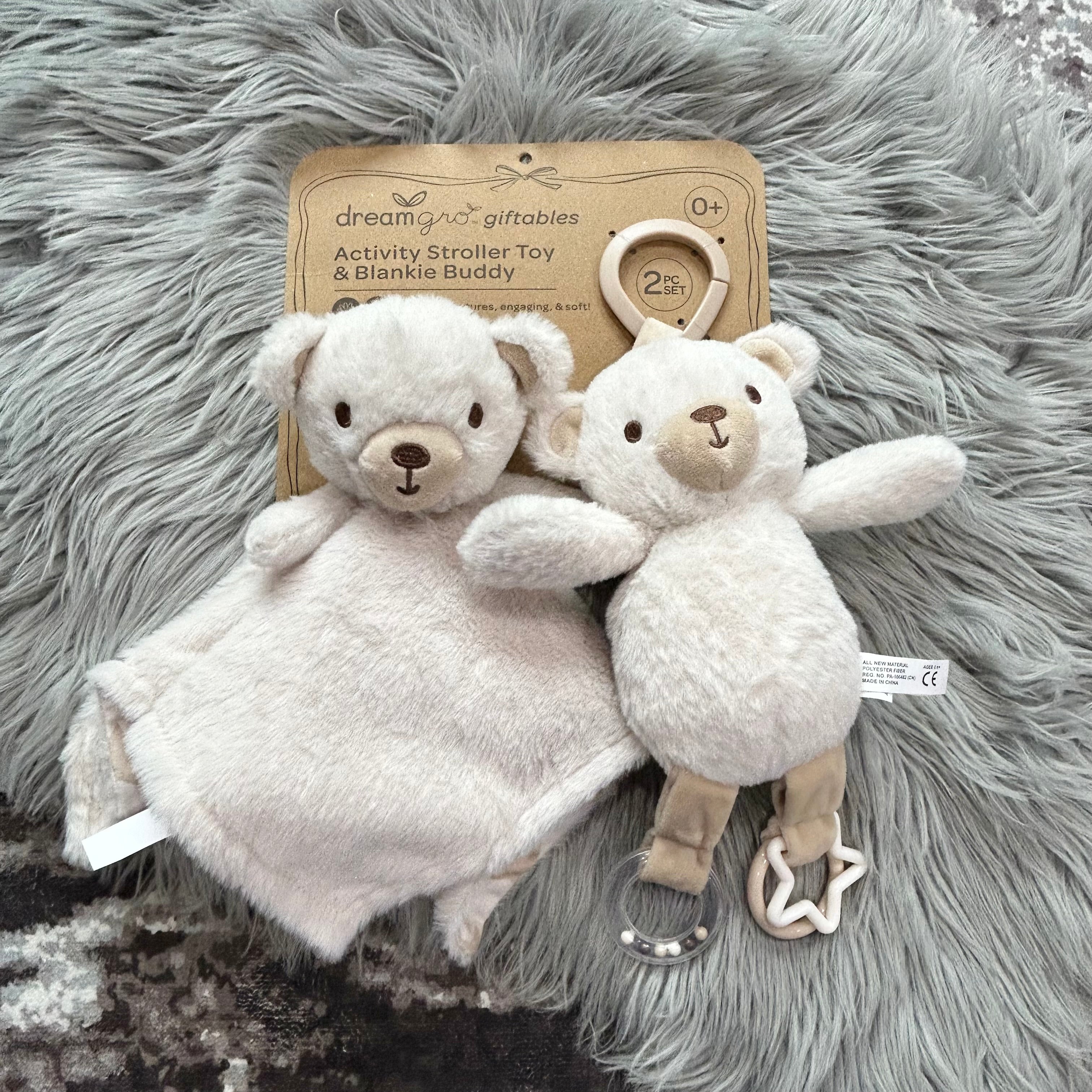 Dream Gro Giftables Teddy Bear Plush On-The-Go Activity Stroller Toy and Blankie Buddy 2pc Set
