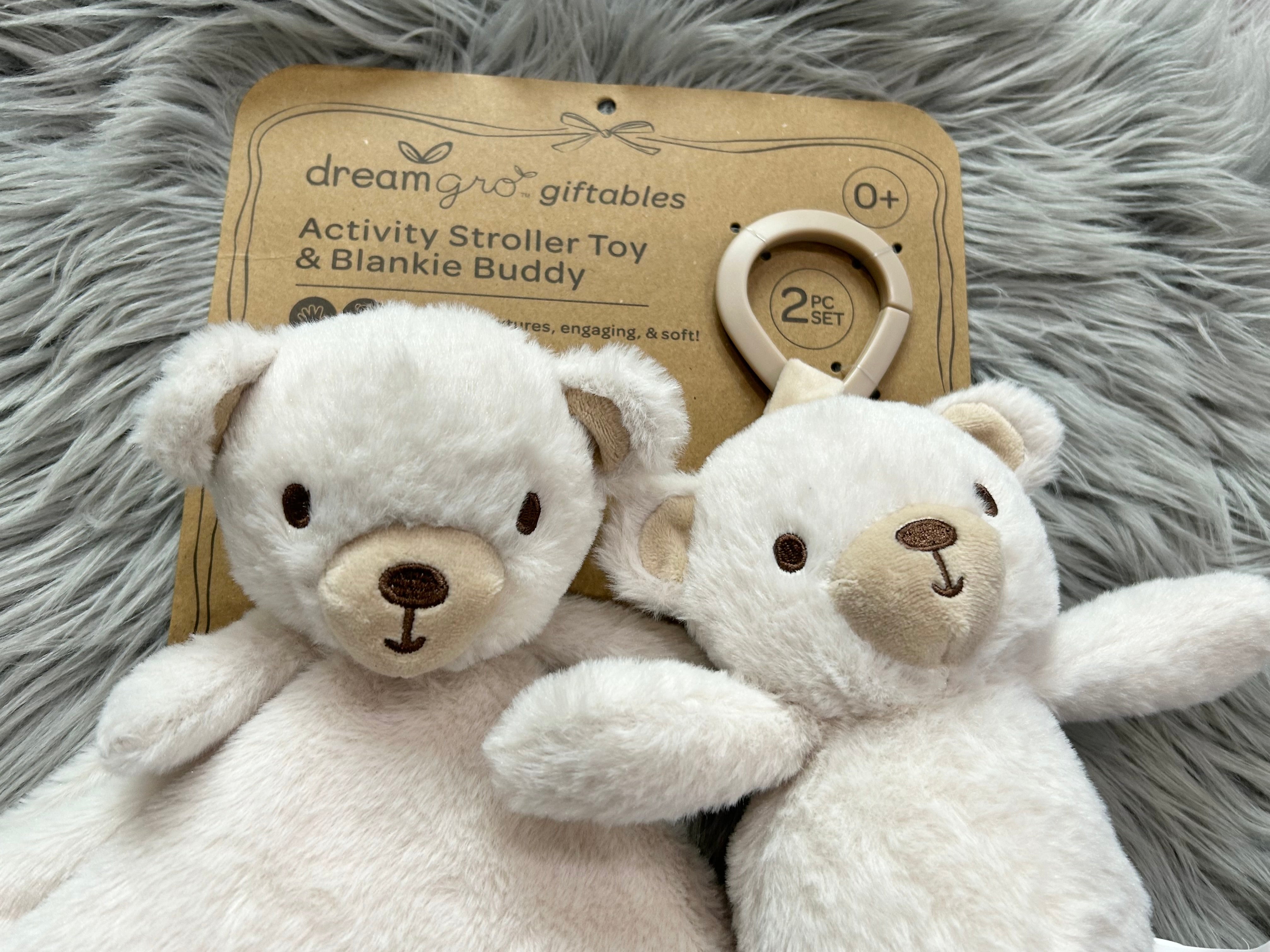 Dream Gro Giftables Teddy Bear Plush On-The-Go Activity Stroller Toy and Blankie Buddy 2pc Set