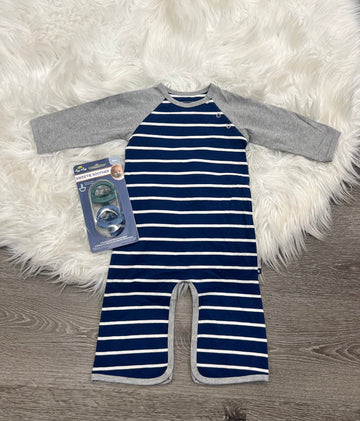 Toobydoo Navy Striped Jumpsuit With Grey Sleeves