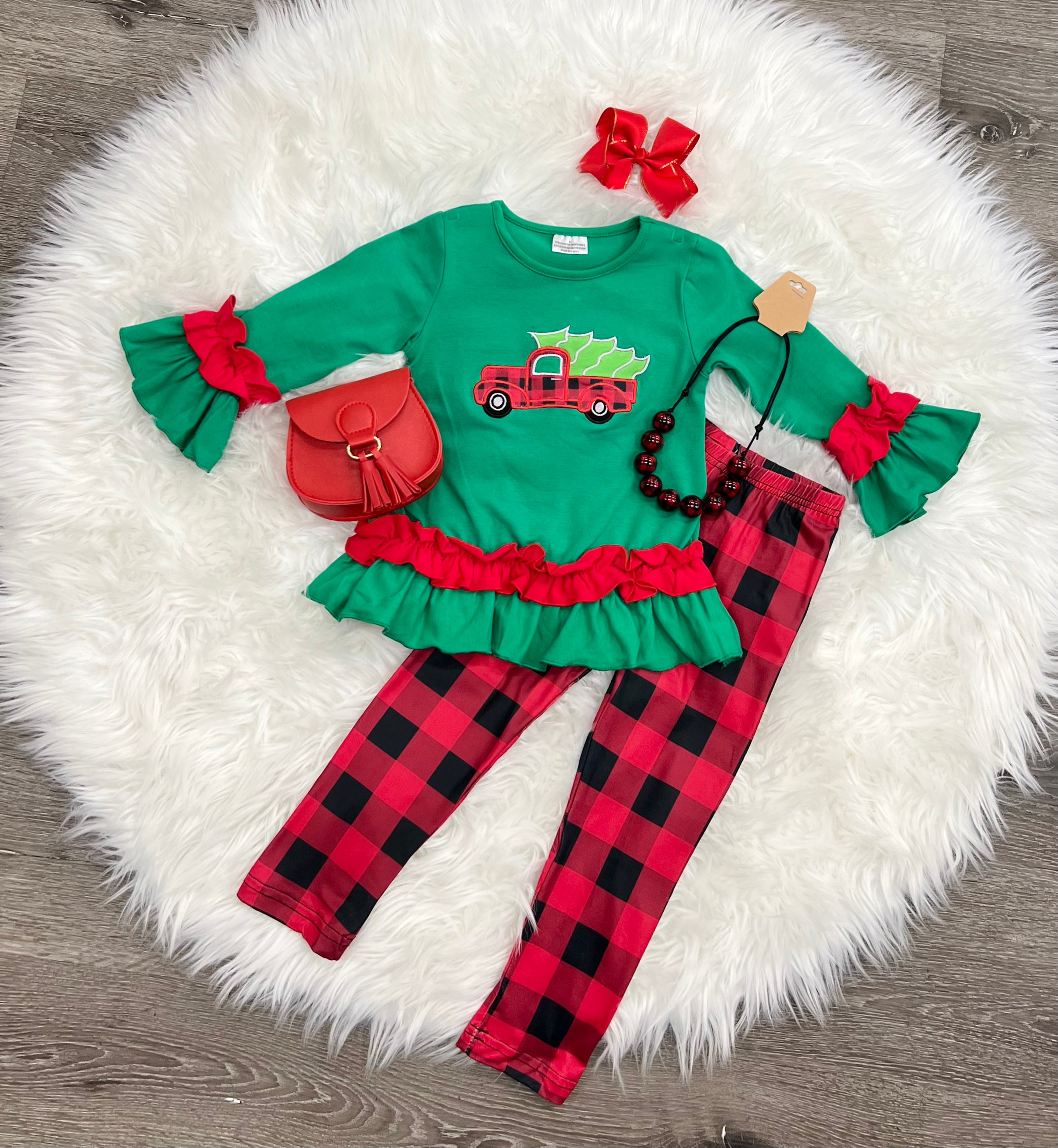Buffalo Plaid Holiday Truck Ruffle Outfit