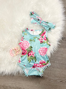 Teal Poms Romper