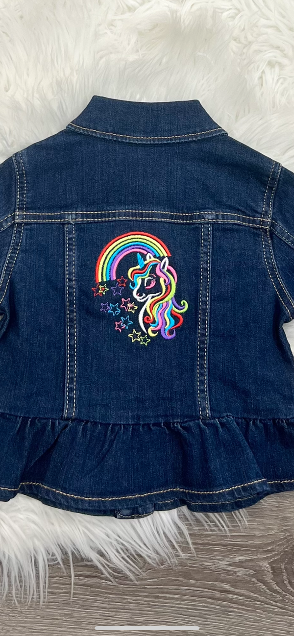 Embroidered Unicorn Ruffle Jean Jacket