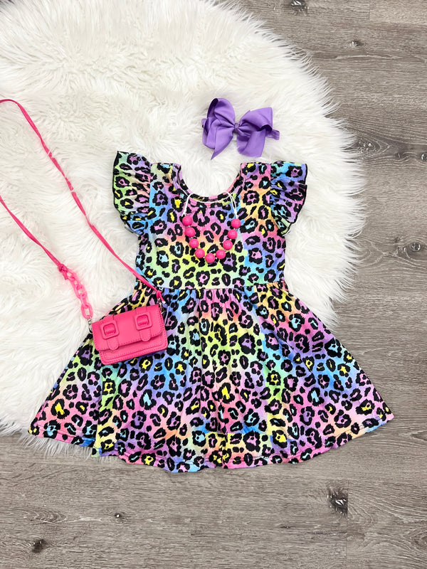 Rainbow Leopard Ruffle Dress