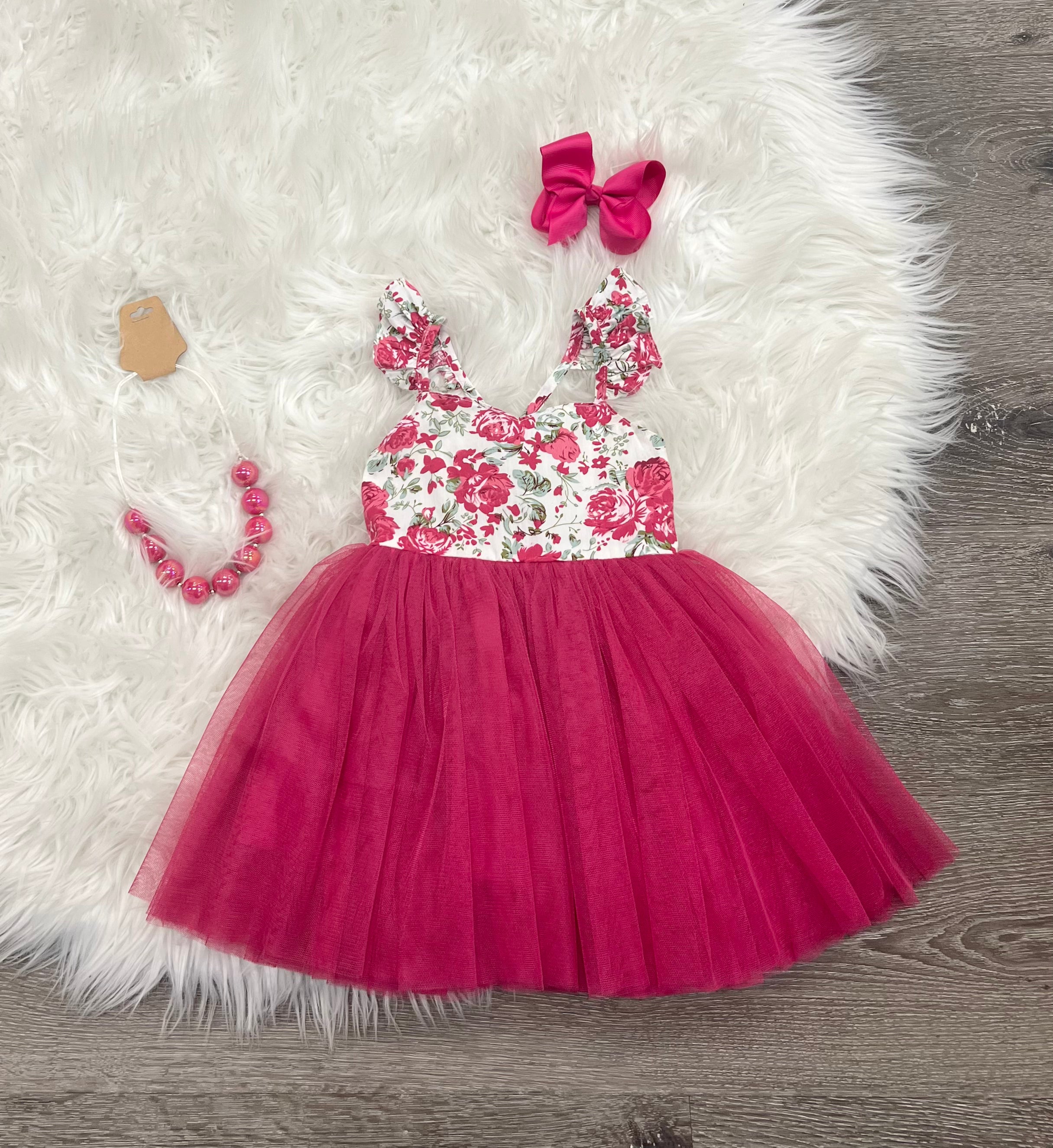 Magenta Ruffle Sleeve Tulle Dress