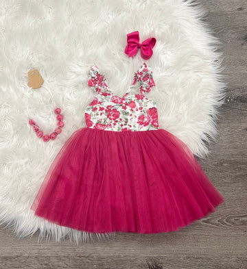 Magenta Ruffle Sleeve Tulle Dress
